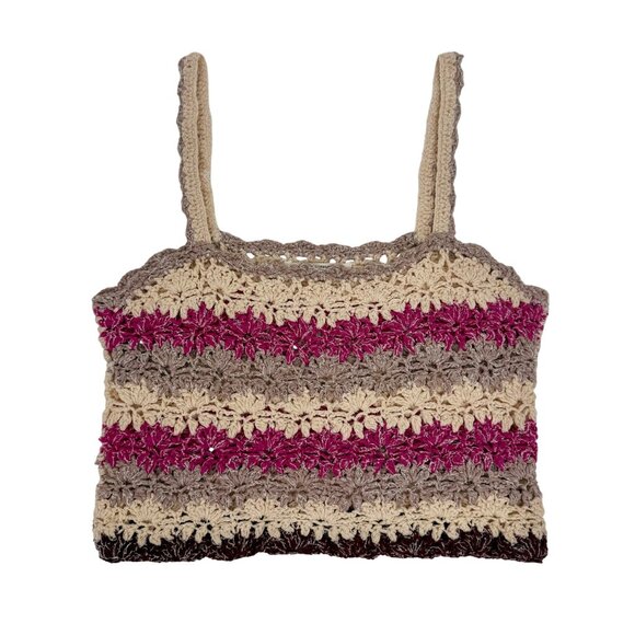 Anthropologie Crochet Pink & Neutral Tone Striped Boho Crop Top - Picture 11 of 16
